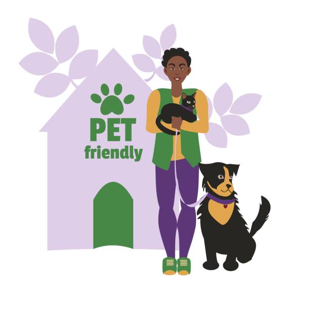 llustration of a person holding a cat and standing beside a dog in front of a pet-friendly house with green and purple accents, surrounded by leafy decorations.
